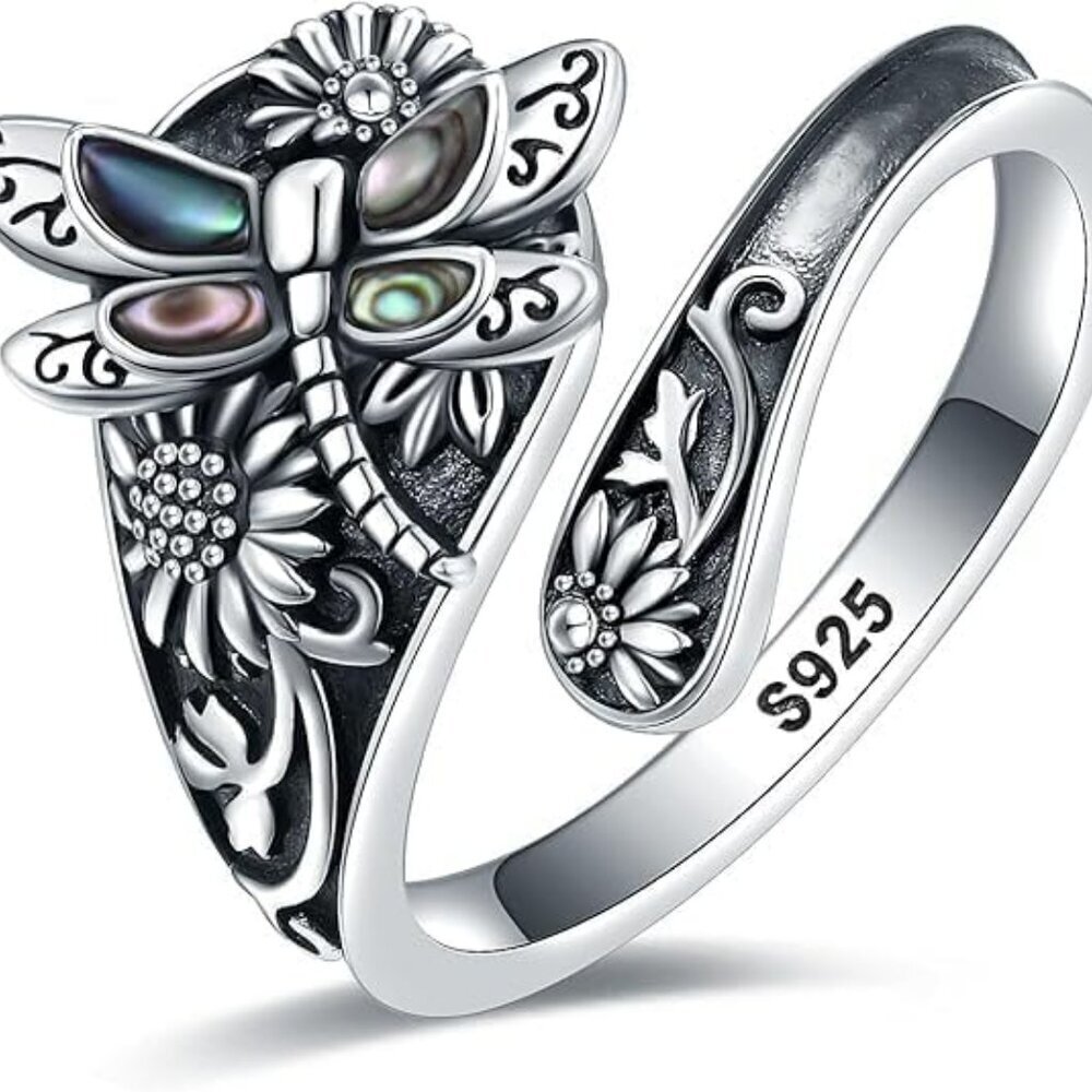 S925-Sterling-Silver Turquoise Dragonfly/Butterfly Spoon Ring - Vintage Boho Sun